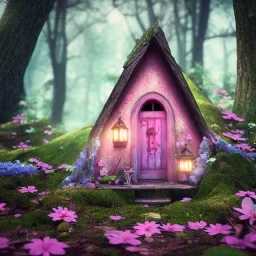 a fairy house pink and blue, in the woods, spring, 8k, flickering light, centered, high-quality, fine-detail, digital art, detailed matte, volumetric lighting, illustration, 3D octane render