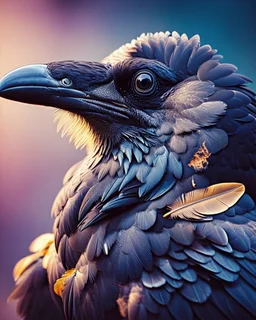 a mesmerizing and vibrant cinematic photograph of a raven in an extreme close-up, positioned in a-profile, showcasing its mysterious demeanor, with some scars on its plumage, slightly ruffled grey feathers underneath, and one of its feathers adorned with an elegant golden detail, as if kissed by sunlight, set against a soft, gradient background that shifts from deep blues to purples, evoking an enchanting atmosphere, with a subtle, cinematic film grain texture, imbuing the image with a sense of