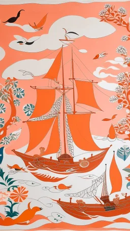 A light rosy orange colored bay with pirate ships and crystals painted by Henri Matisse