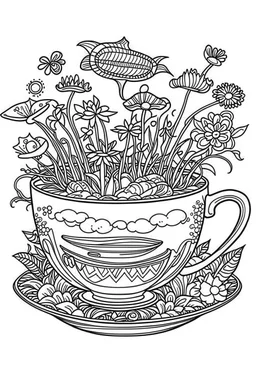 Outline art for coloring page, TEACUP SET IN CLEAR SKY, coloring page, white background, Sketch style, only use outline, clean line art, white background, no shadows, no shading, no color, clear