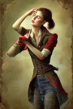 Woman repairing a red jacket, watercolour.