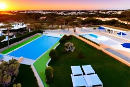 Sunset algarve in quinta do lago, one straight line building of 250 meters long modern luxury architecture with pool on rooftop, with green roofs and sun loungers next to pool, overlooking a tennis sport facility surrounded by pine trees, on a slope with pinus pinea, a wrap around road for low speed cars