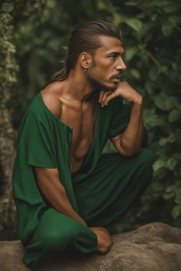 Photo Of A Man with tanned skin, Shaved Sides with Long Parted Hair, goatee and all hair is in green color, more long hair, goatee in brown colour without mustaches, brown eyes, more old, 30-years-old, , Highly Detailed 8k, Intricate, Nikon D