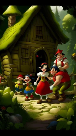 Snow White soon learns that the cottage is the home of seven dwarfs named Doc, Gr,who work in a nearby mine. Returning home, they are alarmed to find their cottage clean and suspect that an intruder has invaded their home