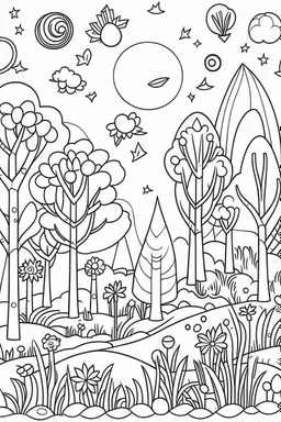 Coloring page for toodlers, with a cute cartoon forest landscape, very Bold outlines and white background, minimal number of elements, very simple