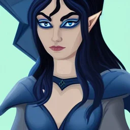 dungeons and dragons character, female half-elven sorcerer wearing a dark blue dress with long black hair, dark blue eyes, and mysterious facial expression, close-up