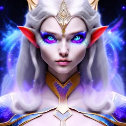 cosmic mage, elf, female, battle mage, cosmic sword, epic, cosmic magic, staff, long ears, white hair, face details, odd-eyes, pale skin, detailed eyes, jewellery, broad shoulders, glowing eyes, sharp ears, cosmic clothes