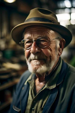 un retrato de un anciano con un sombrero de pesca y lentes oscuros en un taller mecanico