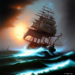 frank frazetta style, pirate ship battle, ocean, storm, night