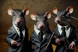 lifelike hairy rats in elegant suits and bow tie with guns (like in the pulp fiction)