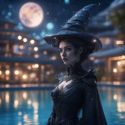 pen outline, layered, portrait of dark space witch by the pool, pool contains floating star ship of extreme complexity and beauty,bokeh like f/0.8, tilt-shift lens 8k, high detail, smooth render, down-light, unreal engine