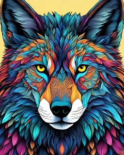 A patterned full wolf face colored in attractive colors