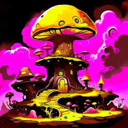 A fantabulous black, yellow, and pink (((mushroom tower house))) erected atop a (geologic pillar), surrounded by the uncanny imaginative ((( swirling skies))), offset by the stark hues of a (neon-tinged nebulous space scape), within. captured by the hand a skilled master painter with a focus on (softly blurred compositions and voluminous lighting).