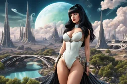 erotic sci-fi pin-up girl, with long dark hair with bangs, on an alien planet with cloud trees, tall spires, buildings, bridges, arches, photorealistic