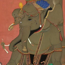 pegan god riding a detailed indian elephant painting