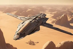 spaceship flying low over a desert city