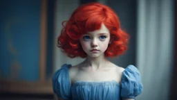 Рассматривая девушек, была одна из них, что слегка выделялась. Волосы красные как пламя, уложено в пышно короткую стрижку. Глаза карие, будто сама бездна, что выглядели с подозрением на мир. Платье на ней нежного голубого цвета, легкое и удобное. А тело хрупкое синеватого слегка оттенка, будто она была аккуратно сшитая куколка, кем она и являлась, швы были утонченного серого цвета, будто лунный свет сшил ее.