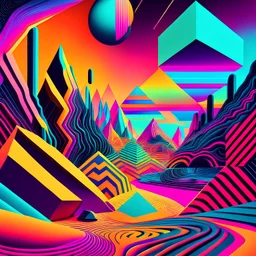 psychedelic landscape with geometrical patterns and neon colors