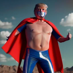 realistic image of donald trump as a mexican wrestling fighter posing, Mexican eyes wrestling mask, red and blue breeches, naked torso, confederate flag cape, retro style, 80s, vibrant color, highly detailed, sky background, concept art, unreal engine 5, god rays, ray tracing, RTX, lumen lighting, ultra detail, volumetric lighting, 3d, finely drawn, high definition, high resolution.