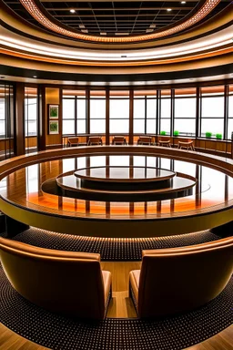 An oval-shaped restaurant consisting of one large table. In the middle of the table there is a place to prepare the food and serve it directly to the visitors