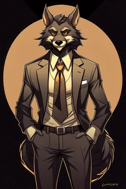 Buff, anthro, wolf, himbo, black fur, gold eyes, wearing a suit, full-body