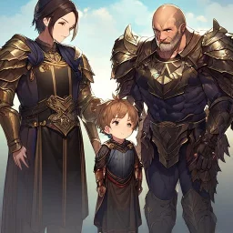 Boy wearing leather armor protecting wife and kid