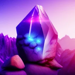 photograph of a (one massive colorful crystal:1.2) growing out of the rocky mountain, (focus on crystal:1.2), 4k, 8k, (highly detailed), ((landscape)),(translucent crystal:1.1), light going trough the crystal, bokeh, chromatic aberration, mountain view, blue and pink background