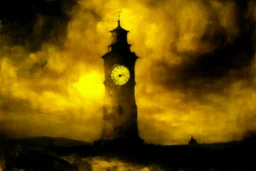 A yellow clock tower made out of gel in a thunderstorm painted by Albert Pinkham Ryder
