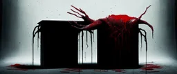 a faceless creature covered in blood holding up an empty black box