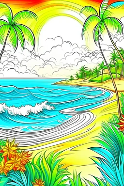 create"high resolution, 2D line art design, white background, detailed "sandy beach with palms and trees" for coloring page, smooth vector illustration, monochrome,