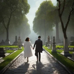 a couple walking in Père Lachaise cimetery in Paris, the woman is wearing a white dress and is pointing something in the background, hyper-realistic style, cinematography, 4K