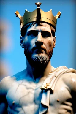 Ultra Realistic image, Roman sculpture, white marble material, Lionel Messi, gold crown of natural thorns, god crown, Renaissance style, sun rays background, waist up portrait, gold flecks, epic, celestial, cinematic lighting, God lights, 4k resolution, smooth details, soft lighting, unreal engine 5, art station, substance 3d.