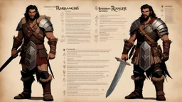 character concept sheet with AD&D statistics and characteristics, [vintage style noisy scratches glitches, Shot the texture and then rewound the film and double exposed the face] a Barbarian ranger with his leather armour, his broad sword and his small iron shield character concept sheet with AD&D statistics and characteristics, [vintage style noisy scratches glitches, Shot the texture and then rewound the film and double exposed the face] a Barbarian ranger with his leather armour, his broad sw