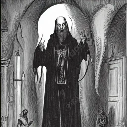 Nosferatu vampire with a beard of tentacles and vampire fangs as a Russian Orthodox bishop with four arms