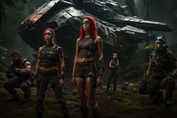 Beautiful girl with rainbow eyes, rainforest warrior, strong, resilient, defiant, full body, with family of 5 beside her, defending, Masterpiece, best quality, cinematic lighting, futuristic, standing in front of crashed spaceship, tough stance.