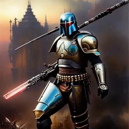 'Jango Fett helmet',ancient metal armor and helmet ,painting by gaston bussiere, greg rutkowski, yoji shinkawa, yoshitaka amano, tsutomu nihei, donato giancola, tim hildebrandt, oil on canvas, cinematic composition, extreme detail,fit full head inside picture,16k