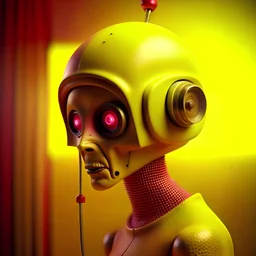 Alien retro computer robot portrait photo, pastel colors, yellow, red, photographed by Jamie Baldridge, Yves Tanguy, film still from wes anderson, medium shot fashion, award winning photography, arty pose, fashion, high definition, high resolution, muted colors , volumetric lighting, 8k, 3d render