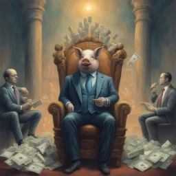 rich pig in suit on a throne making stacks of money by making a deal with a buisnessman. background of musicians. Payday payday. beksinski style. politicians