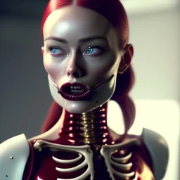 pale woman with gagball in mouth, covered with blood, olivia wilde face!!!, red hair, skeleton tattoo!, ultra realistic, concept art, intricate details, highly detailed, 4 5 mm. photorealistic, octane render, 8 k, unreal engine. film still, heavy grain, 3 5 mm, art by artgerm and greg rutkowski and alphonse mucha