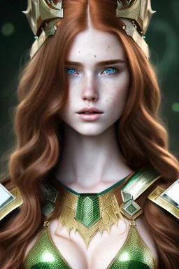 hyper realist, hyper detailed, stunningly beautiful teen woman, long ginger hair, emerald eyes, medium freckles, full lips, skimpy fantasy intricate leather armour, full body and head, c-cup breasts, serious expression, centred camera, full frame, petite