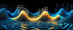 8 Bits Musical Wave , Pixel Art Box Sound Wave, (Sea Blue to Sand Yellow gradient color ) LED network lines , Realistic 3D Render, Macro, mesh, wave network, geometric, Nikon Macro Shot, Kinetic, Fractal, Light Led Points, Generative, Neural, Computer Network, Connections, Movement