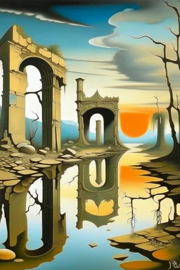 Ancient ruins in daylight painted by Salvador Dalí