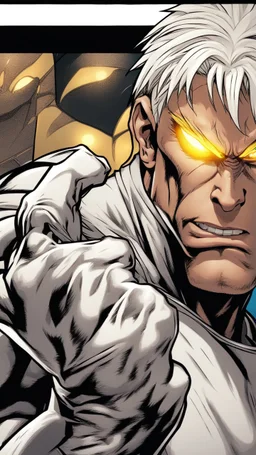 A close picture to a man fighting with his hands have white Pretty hair and yellow glowing eyes and strong muscles