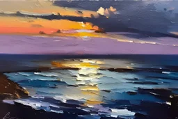 seascape with sunset by Chris bushe with thick oil and palette knife