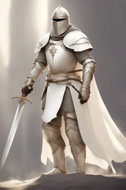 Knight wearing white armor and white cape with white helmet, holding sword and a shield