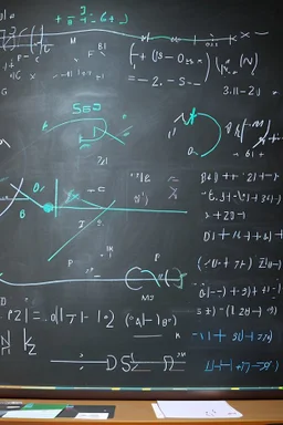 Subatomic particles writing equations on a chalkboard, while educating human children sitting at desks