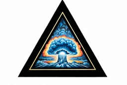 a blue nuclear explosion cloud, behind an omega like shape, all inside an equilateral triangle, radiant lines, oil painting
