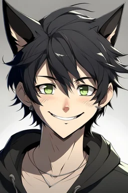 A male anime man with messy black hair, black cat ears, smiling.