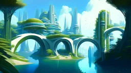 A futuristic city on the banks of a river, with pathways on the banks, balconies, verandas, arches, bridges, spires, stairs, trees, dense foliage, spanish moss, ivy, blue sky, white clouds