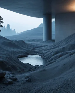 Photograph, NO PEOPLE, a mass of terrain, giant museum space, trees, pillars, high walls, high peak in a room, rag, powder, brook, sediments, deflagration of the background, geological formation, light, architecture, minimalist, details of the terrain very accentuated, 8k, deep 3d field, sharp, brutalist, hasselblad h6d400c --ar 85:128 --v 6.0, enhanced rocks, enhanced terrain, enhanced water